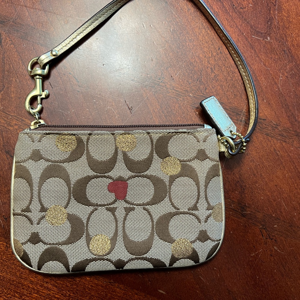 Coach Brown and Red Wristlet Clutch with Signature Design